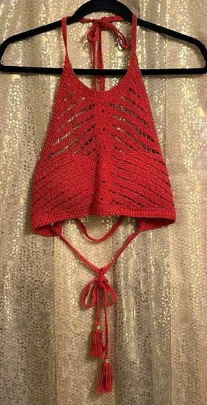 Crocheted burnt‎ rust orange high neck halter boho bikini swim top, size M/L thumbnail 1