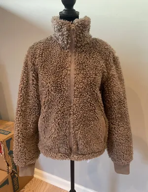 Abercrombie & Fitch Plush Teddy Zip-Up Jacket in taupe- grey color small thumbnail 1