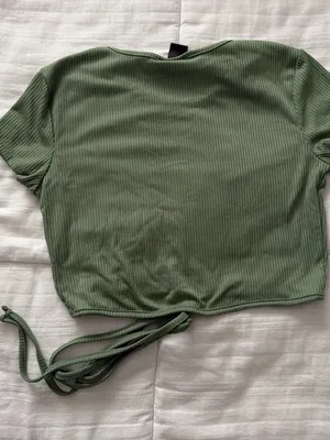 Just Polly Ribbed Olive Green Tie-Front Crop Top size M thumbnail 3
