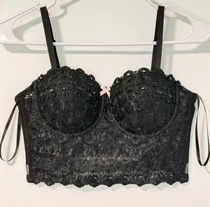 Windsor Black Lace Bustier Bralette w/Pink Bow thumbnail 1