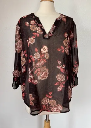 Sheer Black Floral Metallic 3/4th Sleeve Blouse thumbnail 1