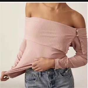 Anthropologie Pink Ribbed Off Shoulder Long Sleeve Button Detail Top Small‎ thumbnail 1