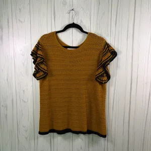 LOFT Open Knit Flutter Sleeve Top‎ in Mustard Yellow & Navy, Medium thumbnail 2
