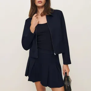 Reformation | NWOT Brynlee Wool Blend Pleated Mini Skirt & Zip Jacket Set, Navy‎ thumbnail 2