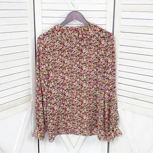 Loft Ann Taylor Ruffle Trim Tie Neck Floral‎ Chiffon Blouse Large Beige Pink thumbnail 7
