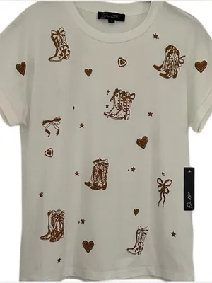 NWT..On 12th Small Western Cream Short Sleeve Top Bronze & Rhinestone Motif thumbnail 1