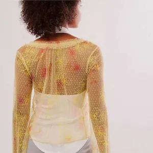 Free People Intimately Postcard From Paris Long Sleeve Top M Yellow Floral Lace thumbnail 2
