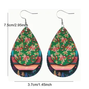 Set of 2 Christmas Teardrop Reversible PU Leather Hook Earrings C3, New! thumbnail 3