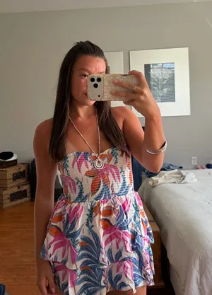 Shore Brand strapless smocked floral palm print mini dress thumbnail 1