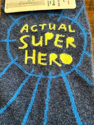 Blue Q Navy Crew Socks with Yellow 'Actual Super Hero' Text thumbnail 6