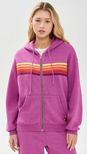 Aviator Nation 5 Stripe Zip Hoodie Relaxed in Magenta thumbnail 1