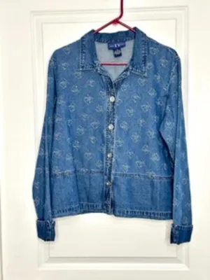 Vintage 90s Embroidered Denim Shirt Jacket Size 14 | 100% Cotton Jean Shacket thumbnail 2
