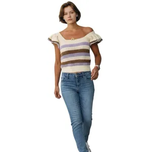 MNG Mango Beige Striped Knit Ruffle Flutter Sleeve Square Neck Cropped Top S thumbnail 2