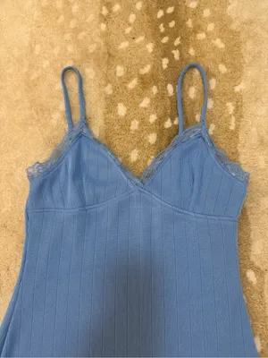 Urban Outfitters Blue Ribbed Lace Trim Cami Mini Slip Dress L Soft Stretch Y2K thumbnail 6