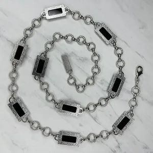 Womens Black Faceted Rhinestone Silver Tone Chain Belt Large (L/XL) ✨ thumbnail 2