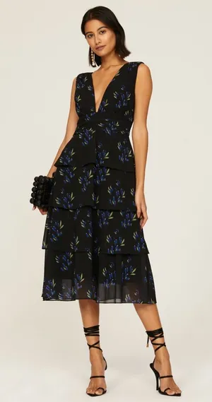 AMUR Fionna Tiered Ruffle Sleeveless‎ Midi Dress Black Floral Women's Size 6 thumbnail 1