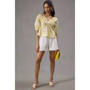 Maeve‎ Anthropologie Yellow Off-The Shoulder Ruffled Swing Puff Blouse Large thumbnail 4