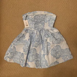 Blue and white floral strapless mini dress showpo thumbnail 2