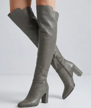 Antonio Melani‎ Grey Leather Over The Knee Mob Wife Boots 6M Chunky Heel Matrix thumbnail 1