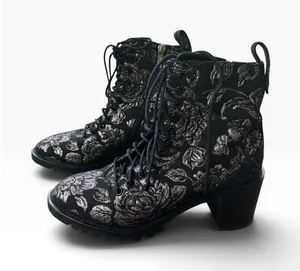 Jimmy Choo Floral Brocade Combat Boots 38.5 Black Silver Metallic Whimsigoth thumbnail 1