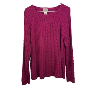 LL Bean Magenta Pink Pullover Cable Crew Neck Long Sleeve Cotton Sweater XL thumbnail 2
