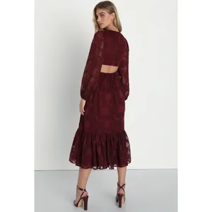 Lulus Desired Aesthetic Wine Red Floral Burnout Long Sleeve Midi Dress Size L thumbnail 13