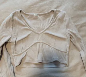 Garage Ribbed V-Neck Long Sleeve Crop Top - Beige thumbnail 1