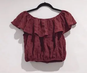 Urban Outfitters maroon grid off the shoulder ruffle coquette top thumbnail 7