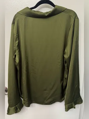 EUC Azazie Olive Green Satin Pajama Top | Ruffled Long Sleeve Sleepwear thumbnail 2
