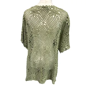 WoWo Boho Crochet Daisy Flower Open Weave Knit Top Hippie Green Size L Festival thumbnail 5