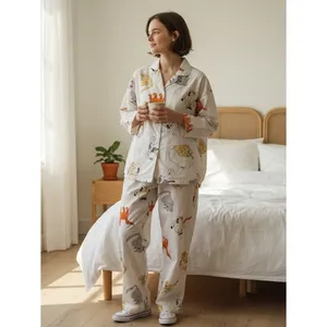 Aegean Apparel Cat Print 100% Cotton Pajama Set White Womens Medium EUC thumbnail 6