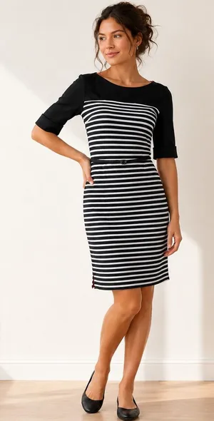 Lauren Ralph Lauren Sheath‎ Dress Women Size L Black White Striped Belted Cotton thumbnail 1