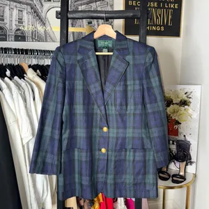 Lauren Ralph Lauren 10 Blue Green Tartan Plaid Linen Blazer Gold Crest Buttons thumbnail 2