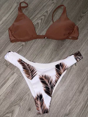 Shein Brown with White Palm Trees 2 Piece Bikini Set thumbnail 2