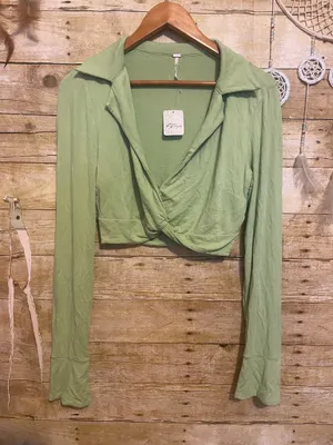 Free People Clara Ruched Long Sleeve in the "La Pera" sage green color thumbnail 3