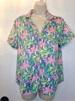 Lauren James LJ Size M Pink Tropical Floral Short Sleeve Pajama Top Sleep Shirt thumbnail 2