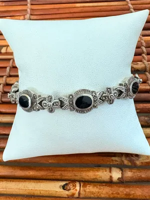 Vintage Marcasite Sterling Silver Floral Bracelet with Black Stones 7” thumbnail 2