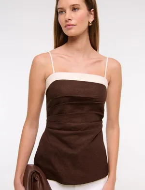 Abercrombie and Fitch AnF Dark Brown White Beige Linen Blend Tube Top Blouse thumbnail 1