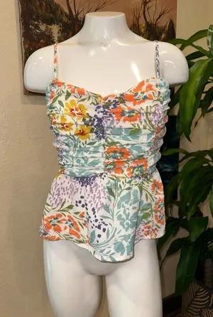 EUC SWEET LEMON Ivory Multicolored Floral Ruched Front Woven Tank SZ S thumbnail 1