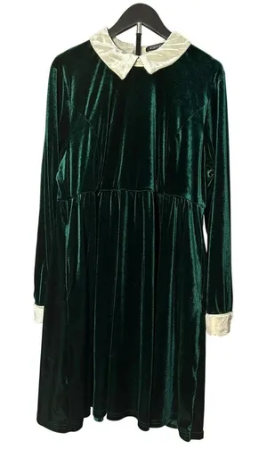 KOJOOIN Green Velvet Peter Pan Collar Dress 2XL Long Sleeve Pockets Dark Morii thumbnail 1