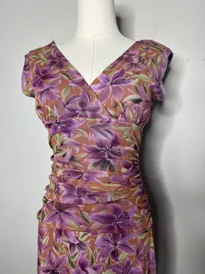 90s Vintage Purple Floral Mesh V Neck Ruched Drop Waist Dress Preppy Party thumbnail 3