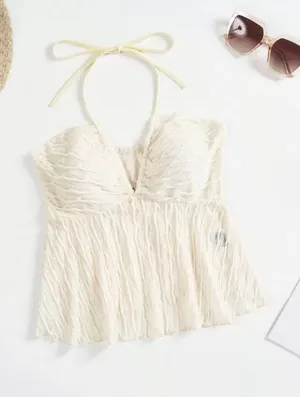 Backless Peplum Hem Halter Top Yellow thumbnail 1