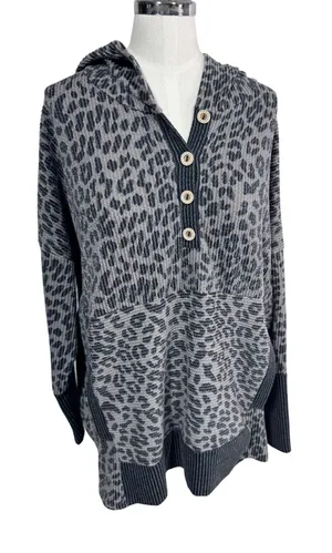 MoCo Boutique Women's S Gray Leopard Hoodie Sweatshirt Button Front Ribbed Trim‎ thumbnail 1