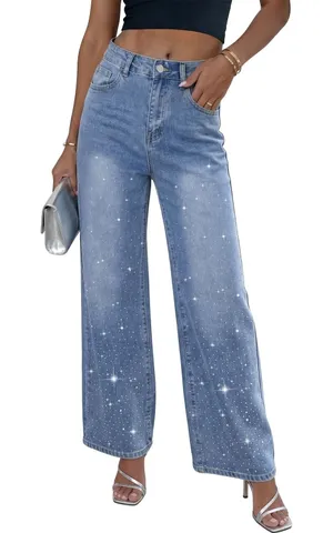 NWT Rhinestone Wide Leg High Rise Jeans Sparkly Y2K Festival Denim XS thumbnail 1