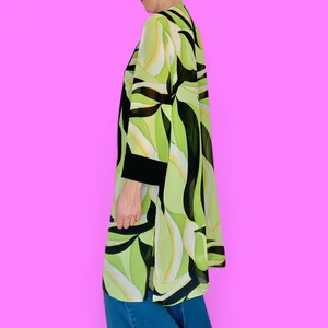 Vintage Green Black Abstract Edgy Art Open Long Sheer Cardigan thumbnail 3