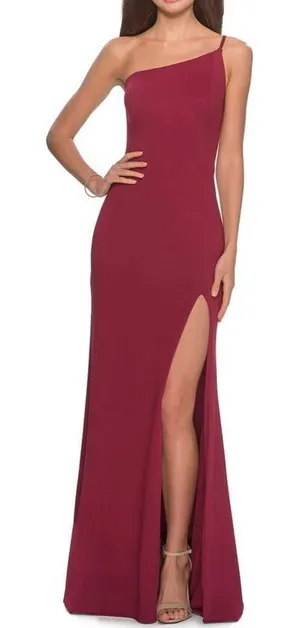 LA FEMME nwot wine burgundy colored ONE SHOULDER DRESS 28176 thumbnail 1
