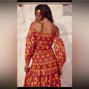 Zara Pink Orange Ikat Smocked Off Shoulder Puff Sleeve Midi Dress‎ Womens XL thumbnail 6