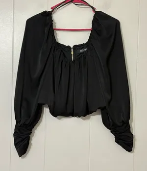Do+Be Black Satin Bubble Hem Crop Top Long Sleeve Ruched Blouse Size S thumbnail 1
