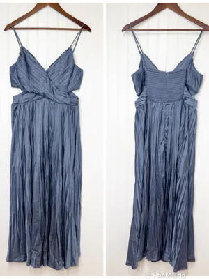 ASTR Capitola Pleated Blue Satin Midi Dress Large Wedding Guest Romantic Party thumbnail 2