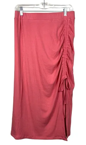 Halara Ribbed‎ Knit Solid Ruched Drawstring Split Bodycon Midi Skirt Sz L Pink thumbnail 1